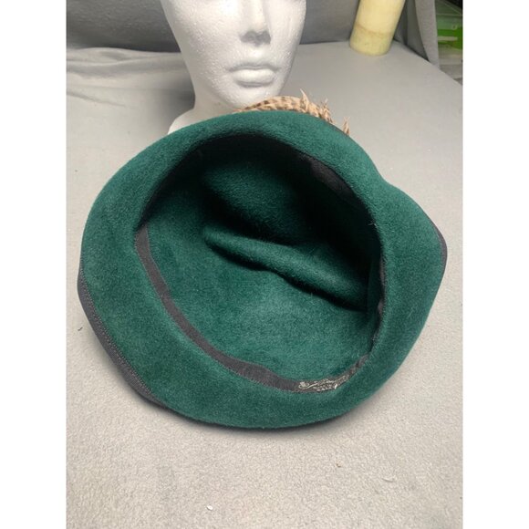 Tyrolean Green Felt Fedora Hat With Feather & Button Accents Size 22 - Picture 8 of 12